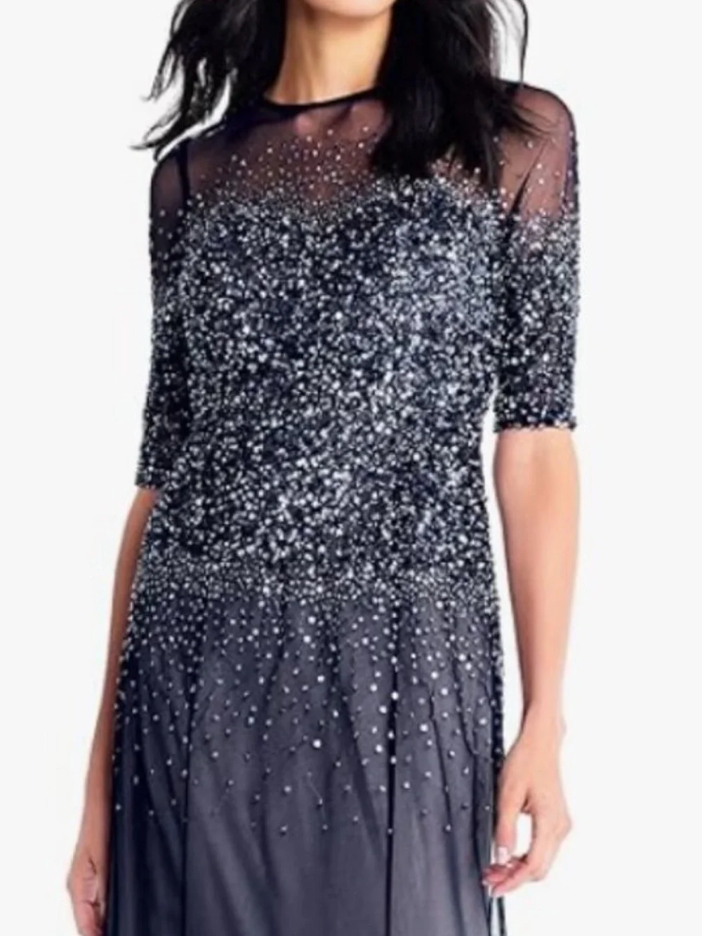 Adrianna Papell Dark Navy Gown, Size 8.  Beaded/Sheer Evening Gown